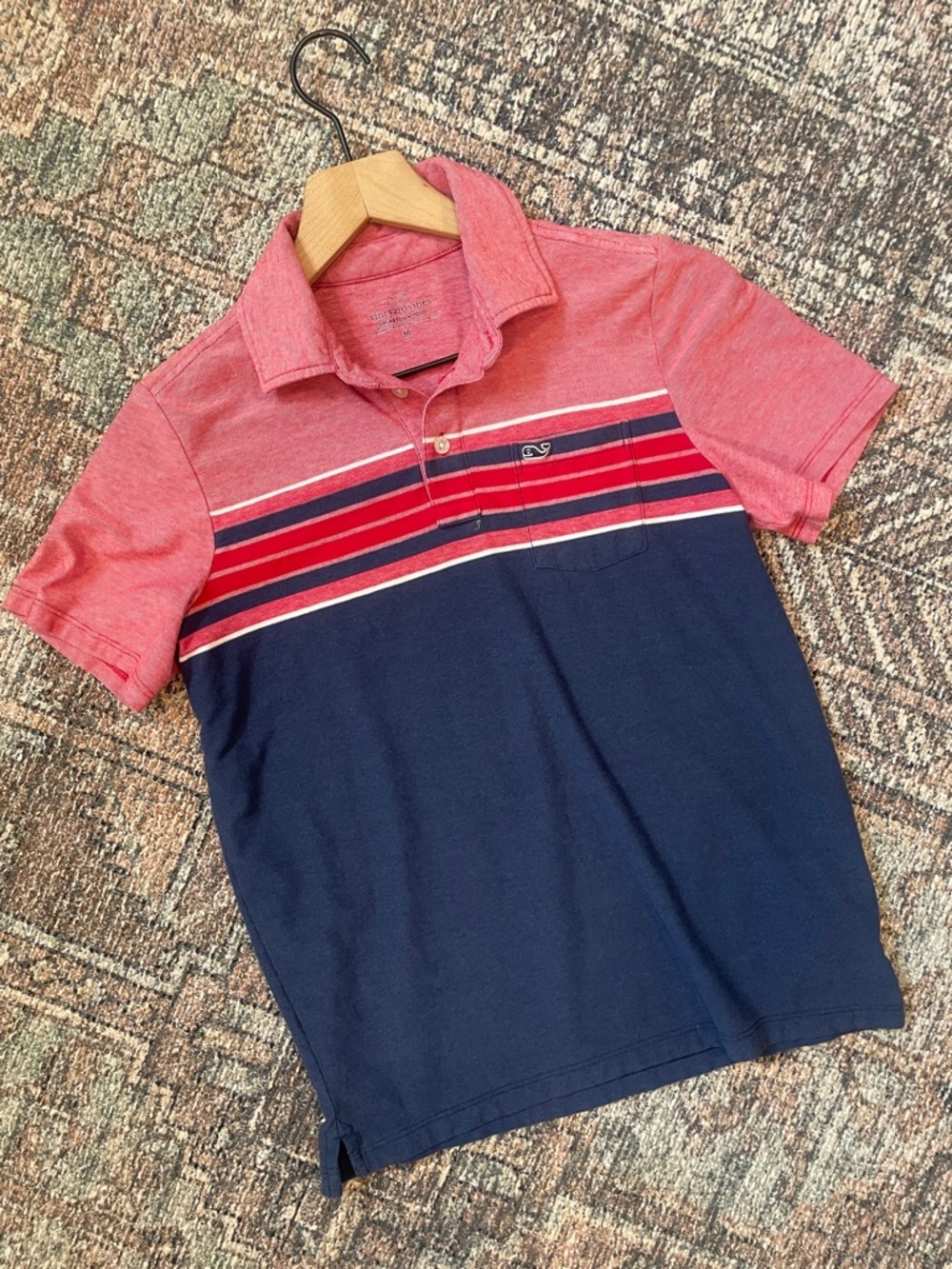 Vineyard Vines Boys Polo Shirt Pink Blue Stripe Cotton Blend Short Sleeve Size M